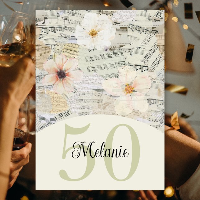 Elegant 50th Birthday Vintage Music Floral Invitation (Creator Uploaded)