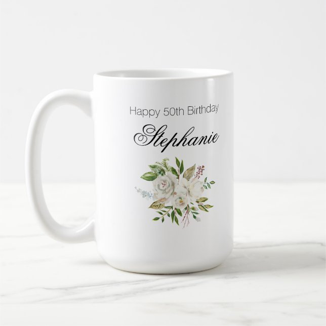 Elegant 50th Birthday White Floral Script Coffee Mug (Left)