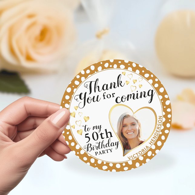 Elegant 50th Birthday White Gold Fall Thank You Classic Round Sticker (Elegant 50th Birthday White and Golden Yellow Fall Thank You Stickers Template)
