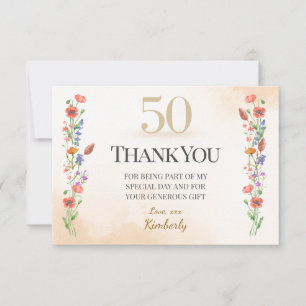 Elegant 50th Birthday – Wildflower Design Thank You Card
