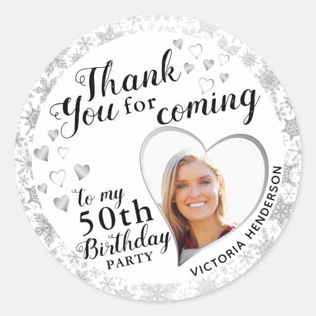 Elegant 50th Birthday Winter Silver Thank You Classic Round Sticker (Front)