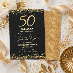Elegant 50th Black Gold Glitter Birthday Save The Date