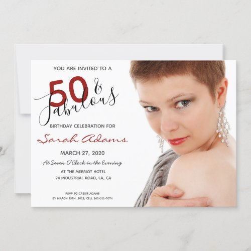 Elegant 50th Fabulous Birthday Photo Red Script Invitation