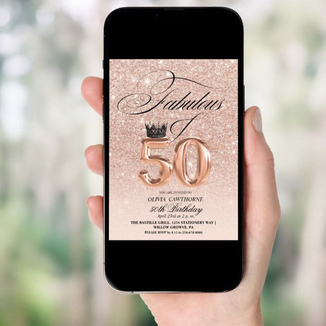 Elegant 50th & Fabulous birthday Rose Gold Photo Invitation (Front Digital)