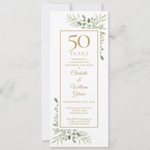 Elegant 50th Gold Anniversary Watercolor Greenery Invitation | Zazzle