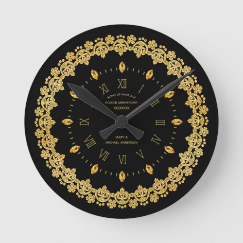 Elegant 50th Golden Anniversary Black Gold Custom Round Clock