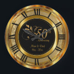 Elegant 50th Golden Anniversary Large Clock<br><div class="desc">⭐⭐⭐⭐⭐ 5 Star Review. 50th Golden Wedding Anniversary Personalized Gift. A Decorative Clock in a gold damask background with faux gold metal accents ready for you to personalize. This design works well for other events or occasions such as a birthday, wedding, years of service... or you can make it work...</div>