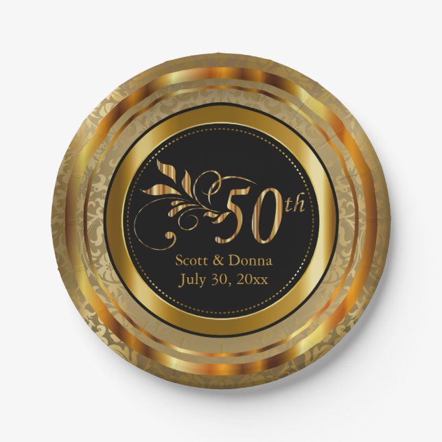 Elegant 50th Golden Anniversary Paper Plates (Front)