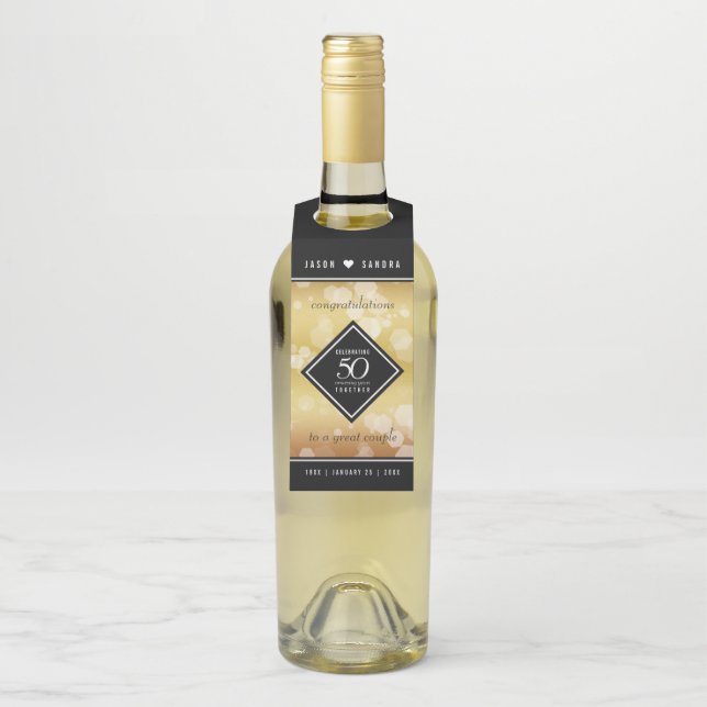 Elegant 50th Golden Wedding Anniversary Bottle Hanger Tag (On Bottle)
