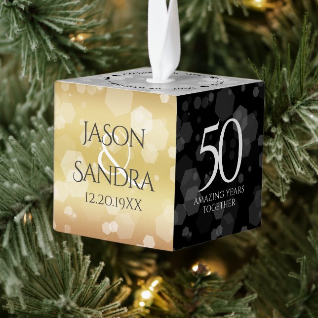 Elegant 50th Golden Wedding Anniversary Cube Ornament (Tree)