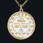 Elegant 50th Golden Wedding Anniversary Custom Gold Plated Necklace<br><div class="desc">Elegant Gold Flowers Happy 50th Wedding Anniversary Gold Plated Necklace design. You can easily change or remove the names and the text as needed. You can also change the font type, font color and font size if you want. Click -->"Personalize" to find the customizing tools. You can do whatever you...</div>