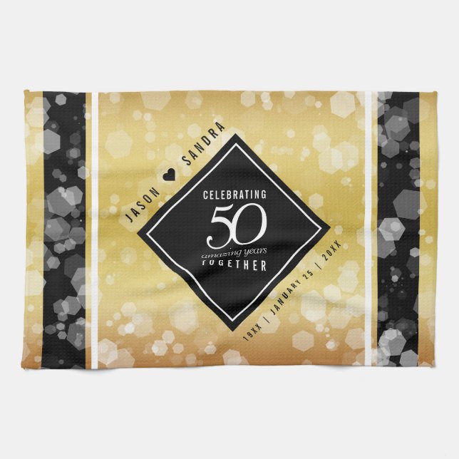 Elegant 50th Golden Wedding Anniversary Kitchen Towel (Horizontal)