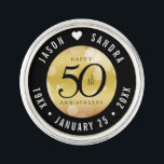 Elegant 50th Golden Wedding Anniversary Lapel Pin<br><div class="desc">Celebrate the 50th golden wedding anniversary in style with this commemorative lapel pin! Elegant black serif and sans serif lettering with hexagonal confetti on a golden gradient background add a memorable touch for this special occasion and extraordinary milestone. Customize with the happy couple's names, and dates for their golden anniversary....</div>