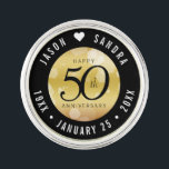 Elegant 50th Golden Wedding Anniversary Lapel Pin<br><div class="desc">Celebrate the 50th golden wedding anniversary in style with this commemorative lapel pin! Elegant black serif and sans serif lettering with hexagonal confetti on a golden gradient background add a memorable touch for this special occasion and extraordinary milestone. Customize with the happy couple's names, and dates for their golden anniversary....</div>