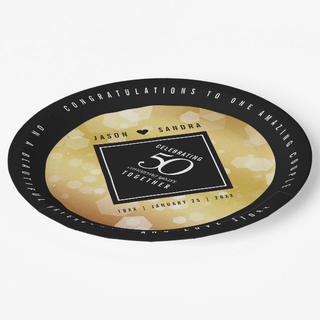Elegant 50th Golden Wedding Anniversary Paper Plates (Angled)