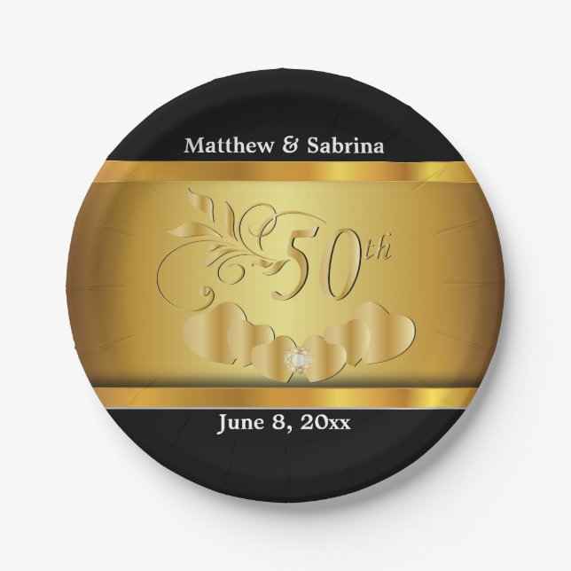 Elegant 50th Golden Wedding Anniversary Paper Plates (Front)