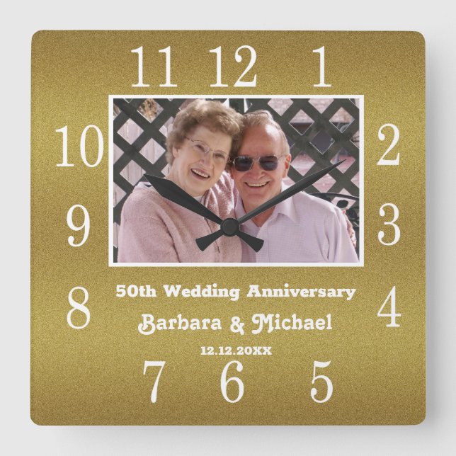 Elegant 50th Golden Wedding Anniversary Photo Square Wall Clock (Front)