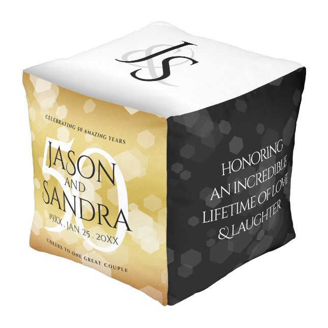 Elegant 50th Golden Wedding Anniversary Pouf (Angled Front)