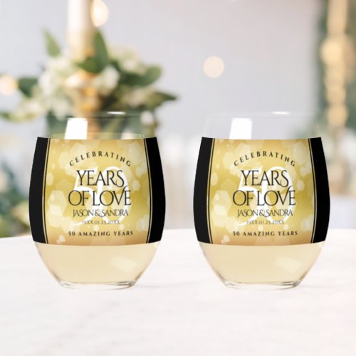 Elegant 50th Golden Wedding Anniversary Stemless Wine Glass