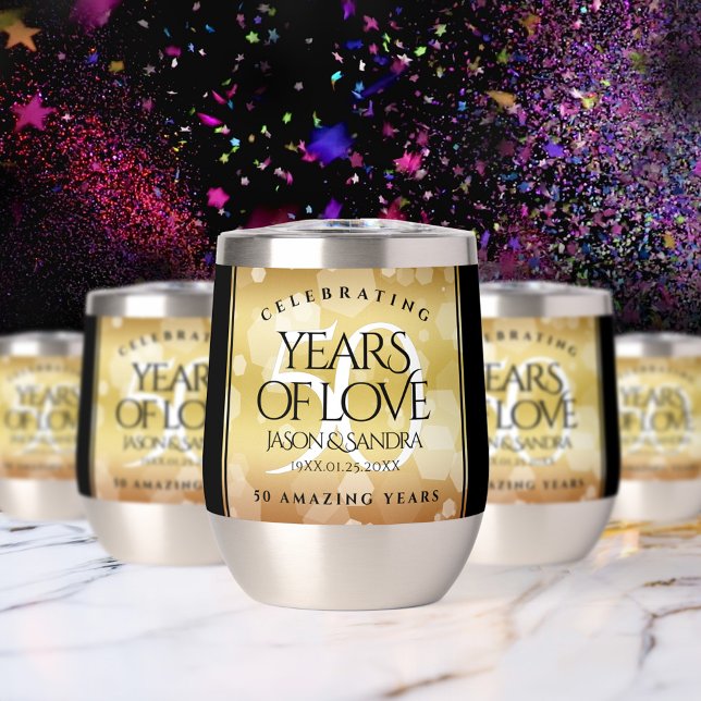 Elegant 50th Golden Wedding Anniversary Thermal Wine Tumbler (Elegant 50th Golden Wedding Anniversary Stainless Steel Stemless Wine Tumblers Cover Photo.)