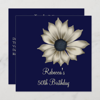 Elegant 50th Navy Blue Beige Flower Birthday Party Invitation