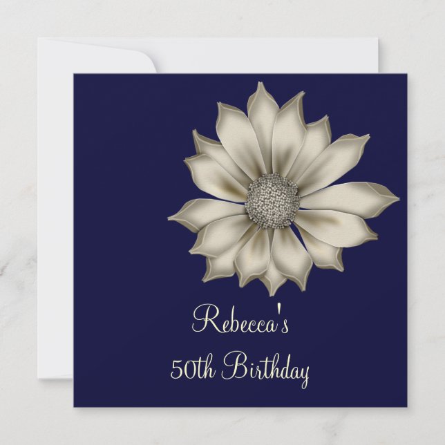 Elegant 50th Navy Blue Beige Flower Birthday Party Invitation (Front)