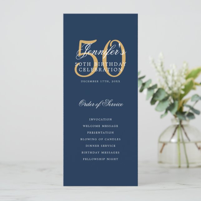 Elegant 50th Program Gold Navy Blue Menu+Thank You (Standing Front)