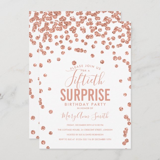 Elegant 50th Surprise Birthday Rose Gold Invitation (Front/Back)