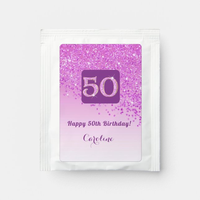 Elegant 50th Tea Birthday Party Pink Glitter Tea Bag Drink Mix (Front)