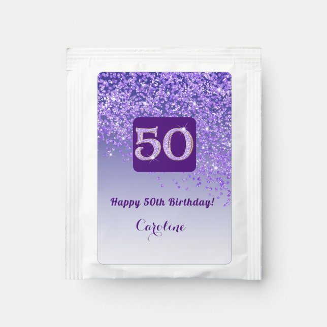 Elegant 50th Tea Birthday Party Purple Glitter Tea Bag Drink Mix (Front)