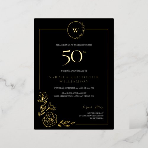 Elegant 50th Wedding Anniversary Black Gold Foil Invitation