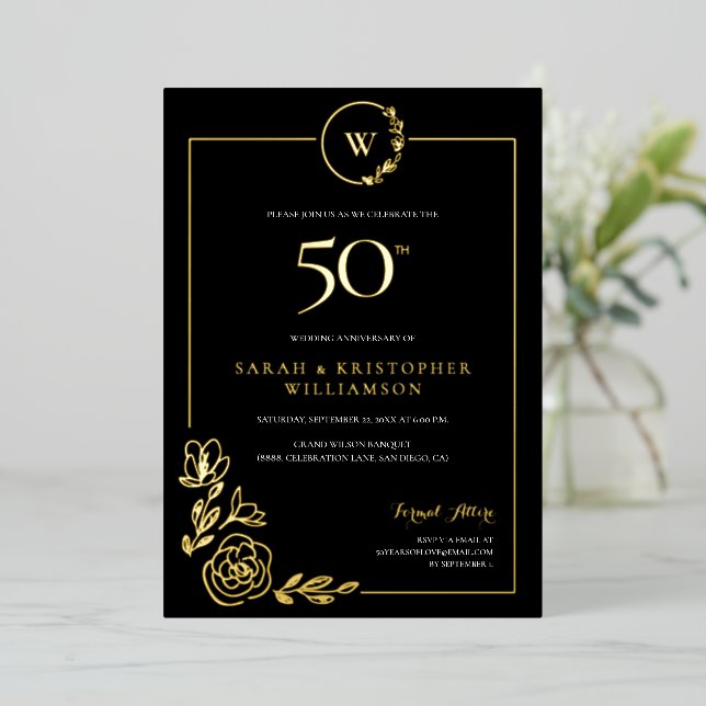 Elegant 50th Wedding Anniversary Black Gold Foil Invitation (Standing Front)