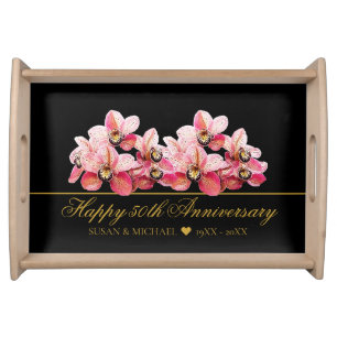 Elegant 50th Wedding Anniversary Floral Gold Black Serving Tray