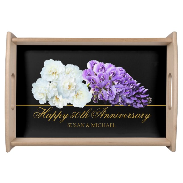 Elegant 50th Wedding Anniversary Floral Gold Black Serving Tray (Front)