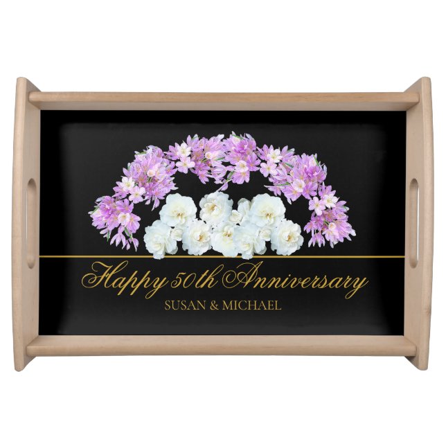 Elegant 50th Wedding Anniversary Floral Gold Black Serving Tray (Front)