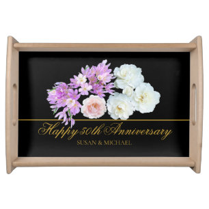 Elegant 50th Wedding Anniversary Floral Gold Black Serving Tray