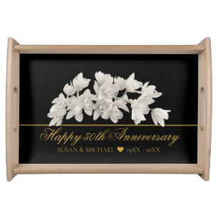 Elegant 50th Wedding Anniversary Floral Gold Black Serving Tray