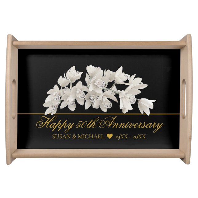 Elegant 50th Wedding Anniversary Floral Gold Black Serving Tray (Front)