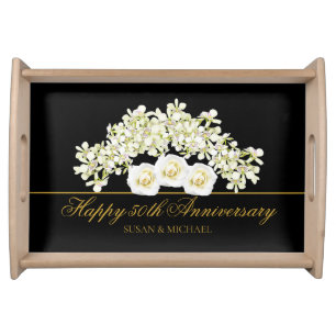 Elegant 50th Wedding Anniversary Floral Gold Black Serving Tray