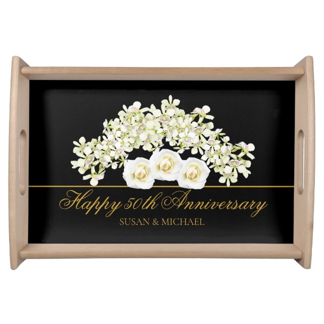 Elegant 50th Wedding Anniversary Floral Gold Black Serving Tray (Front)