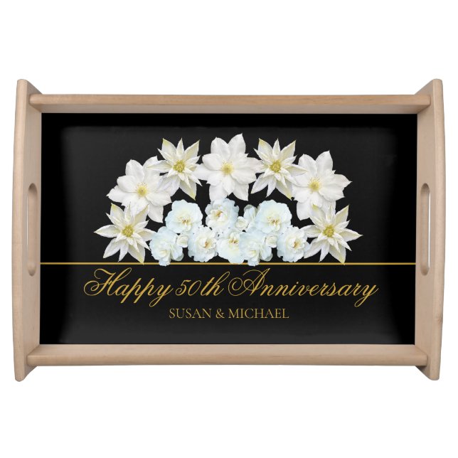 Elegant 50th Wedding Anniversary Floral Gold Black Serving Tray (Front)