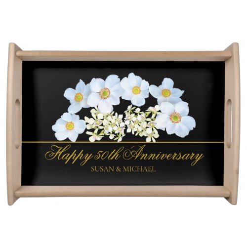 Elegant 50th Wedding Anniversary Floral Gold Black Serving Tray