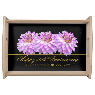 Elegant 50th Wedding Anniversary Floral Gold Black Serving Tray