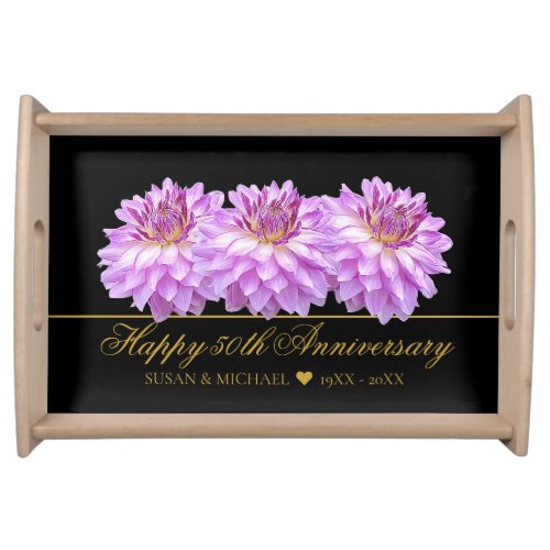 Elegant 50th Wedding Anniversary Floral Gold Black Serving Tray