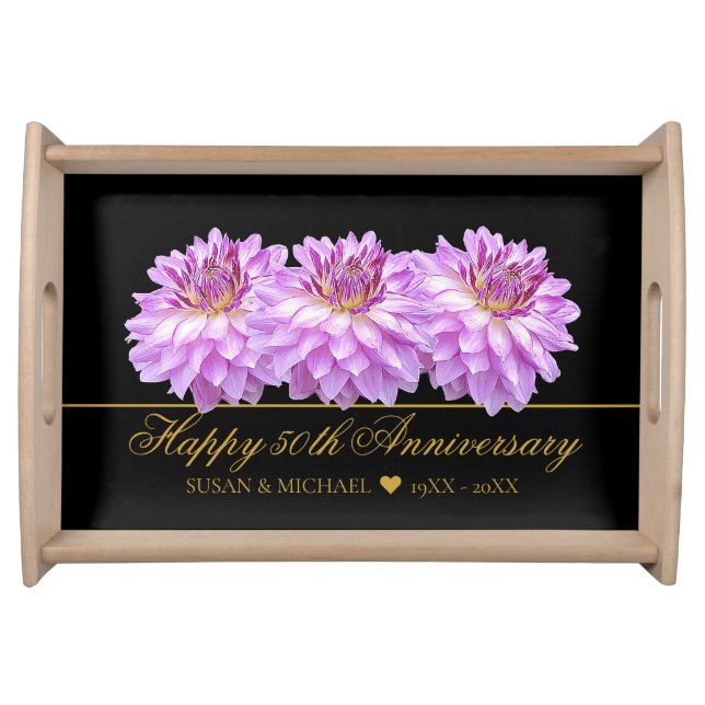 Elegant 50th Wedding Anniversary Floral Gold Black Serving Tray (Front)