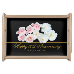 Elegant 50th Wedding Anniversary Floral Gold Black Serving Tray