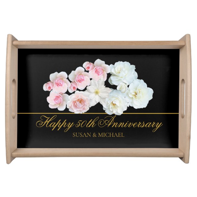 Elegant 50th Wedding Anniversary Floral Gold Black Serving Tray (Front)