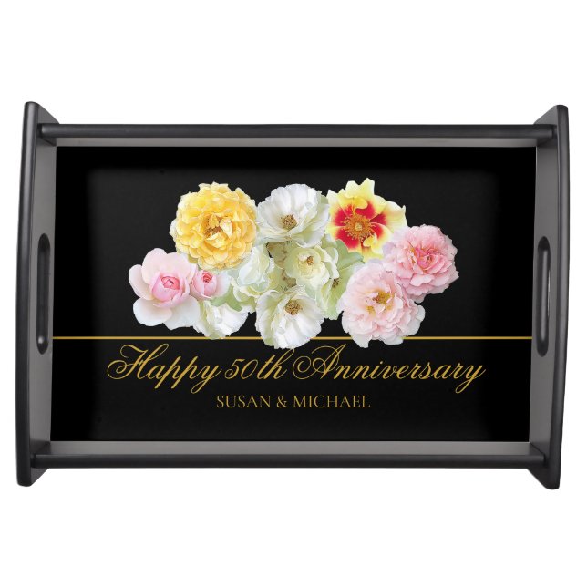 Elegant 50th Wedding Anniversary Floral Gold Black Serving Tray (Front)