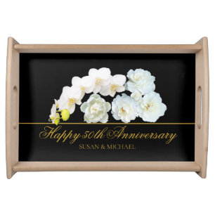 Elegant 50th Wedding Anniversary Floral Gold Black Serving Tray