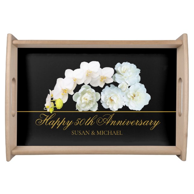 Elegant 50th Wedding Anniversary Floral Gold Black Serving Tray (Front)